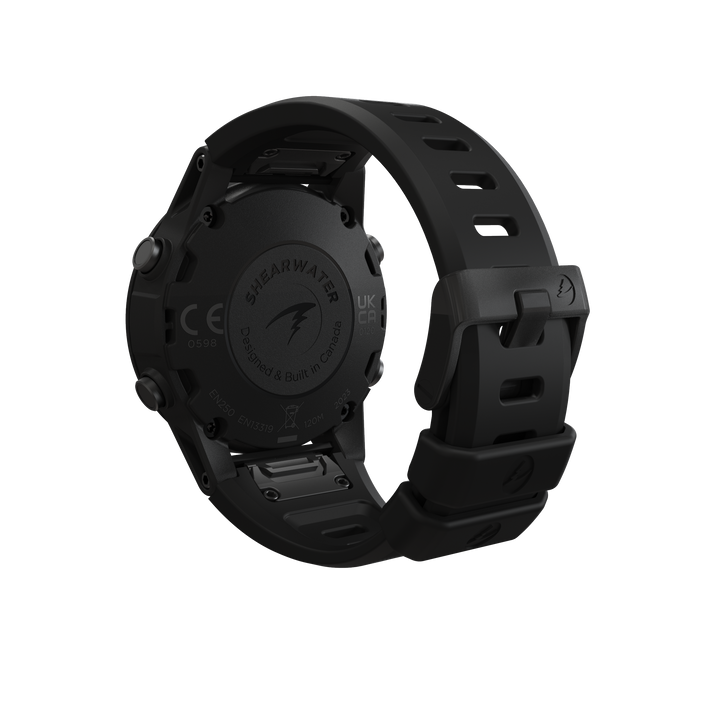 Shearwater Tern TX dive computer, black, rear view with strap